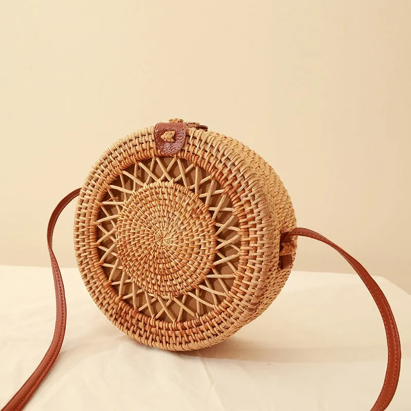 Womens Straw Woven with Leather Strap Round Rattan Bag