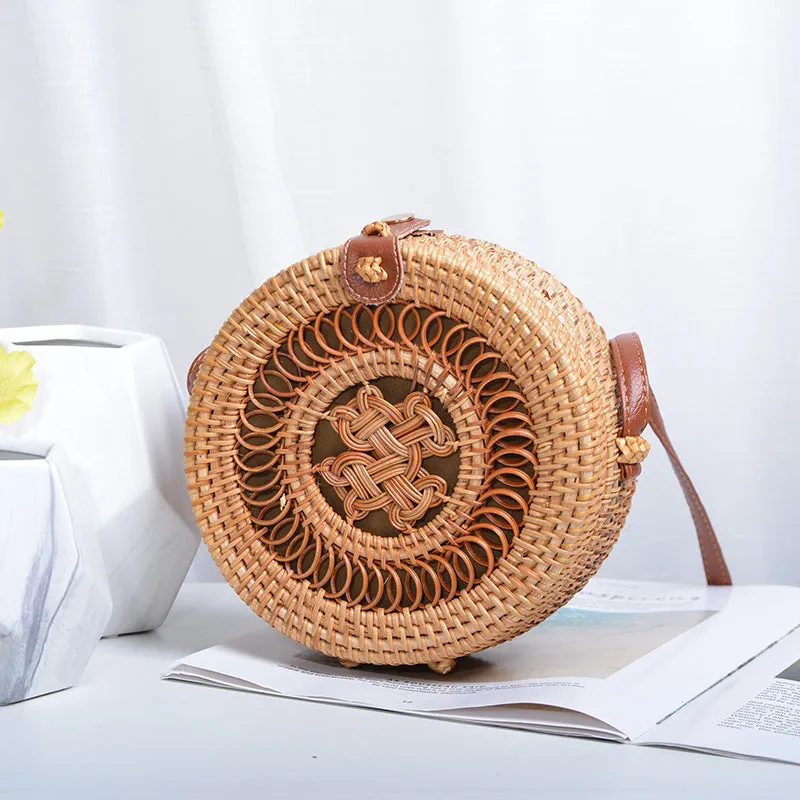 Womens Straw Woven with Leather Strap Round Rattan Bag