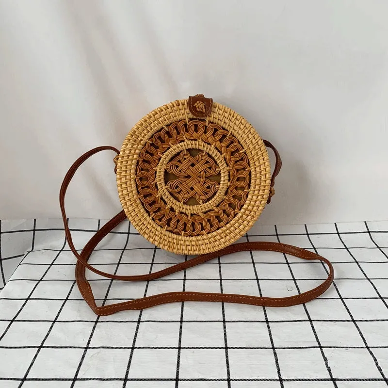 Womens Straw Woven with Leather Strap Round Rattan Bag