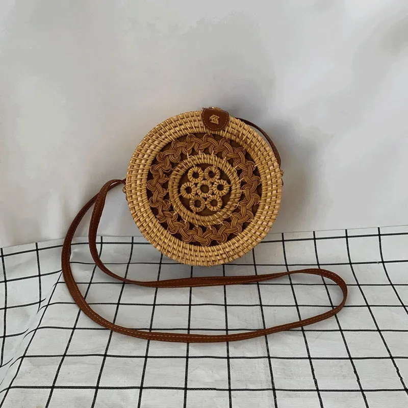 Womens Straw Woven with Leather Strap Round Rattan Bag