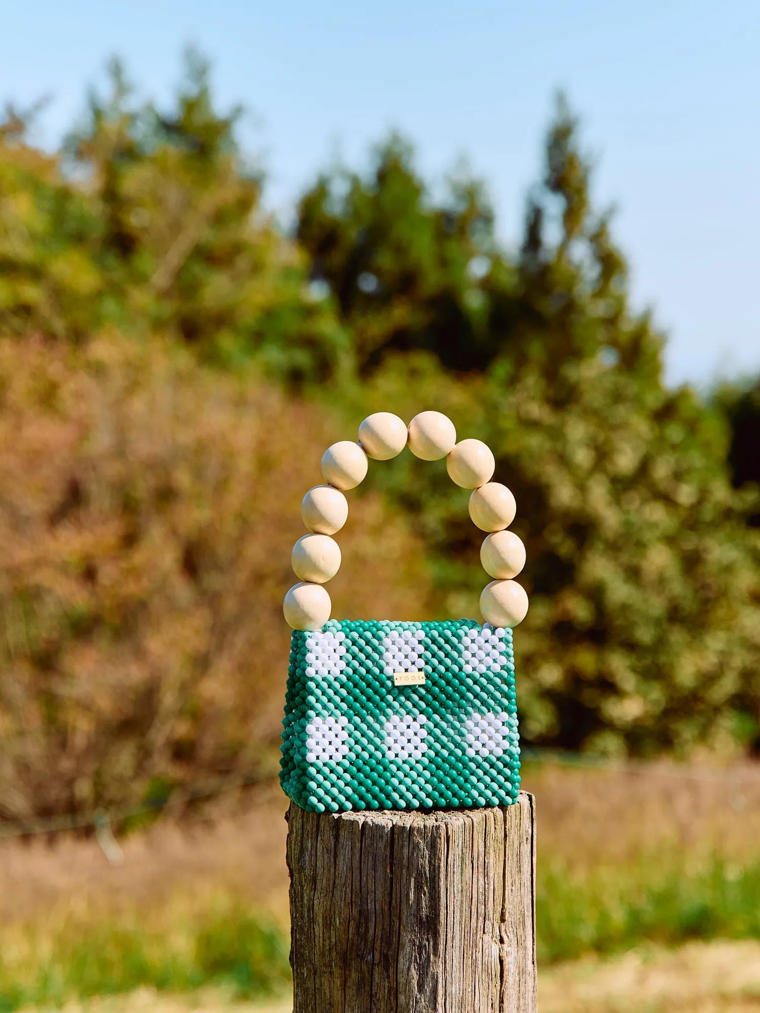 wood ball hand bag（green checked）