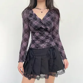 Y2K Aesthetic Frill Plaid Tshirt Mesh Top V Neck Chic Bow Ruffles Autumn Tee Shirts Female Clothing Vintage Fashion