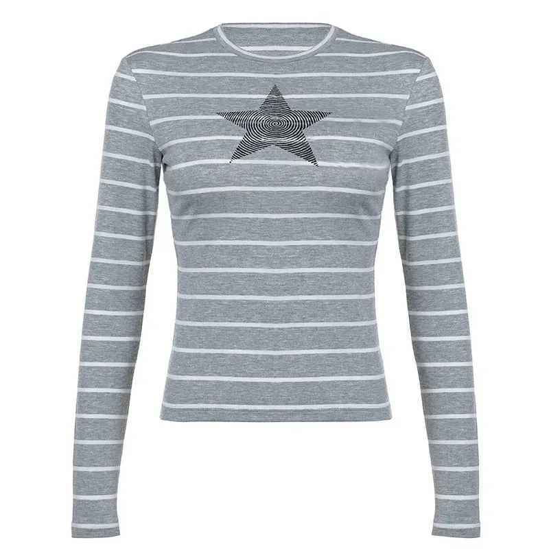 Y2k Star Striped Print Long Sleeve Fitted Tops for Women Casual T Shirts Graphic Tee Grey Autumn 2024 P84-BZ14