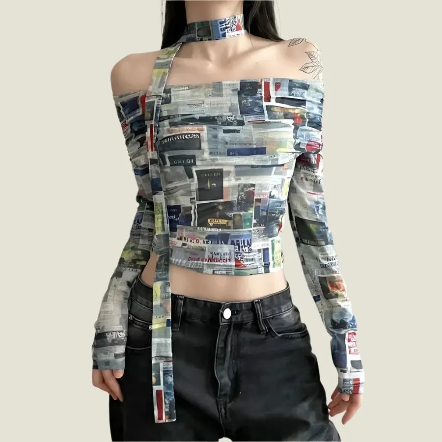 Y2k Streetwear Graphic T Shirts Vintage Print Mesh Off Shoulder Long Sleeve Crop Top Korean Fashion Fall 2023 P94-CB17