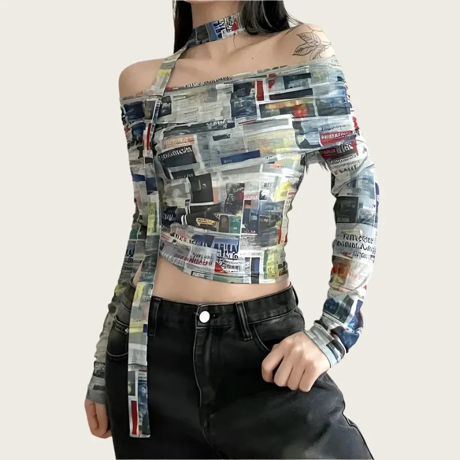 Y2k Streetwear Graphic T Shirts Vintage Print Mesh Off Shoulder Long Sleeve Crop Top Korean Fashion Fall 2023 P94-CB17